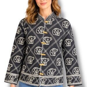 Vintage 90s Orvis Koala Animal Print Jacket Mandarin Collar Bamboo Toggles Boho